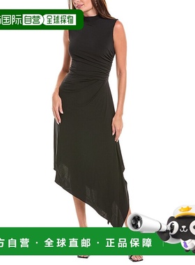 自营Halston Layla侧褶Midi连衣裙-黑色 美国奥莱直发