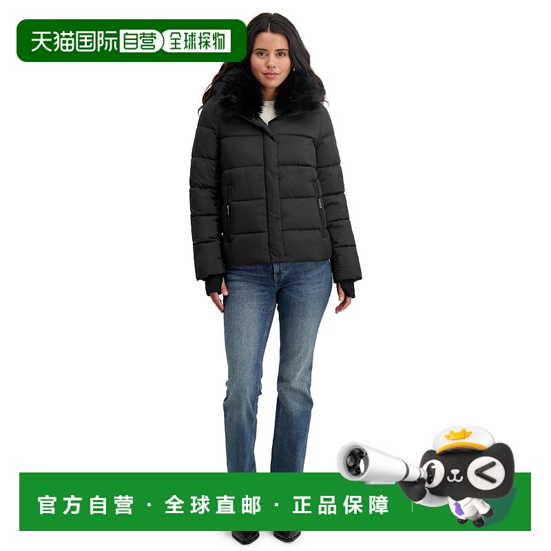 自营TAHARI Women's Short Quilted Puffer Jacket with Faux Fur