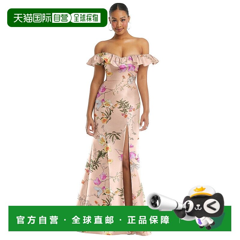 自营alfred sung露肩荷叶边领口花卉缎面喇叭礼服 - 蝴蝶植物粉红