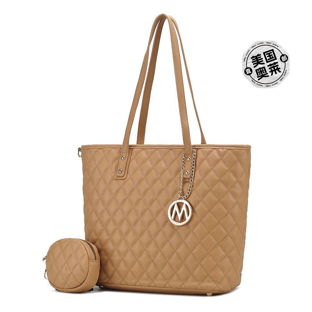 mia k collection艾菊绗缝纯素皮革女式手提包带小袋 2 件 棕