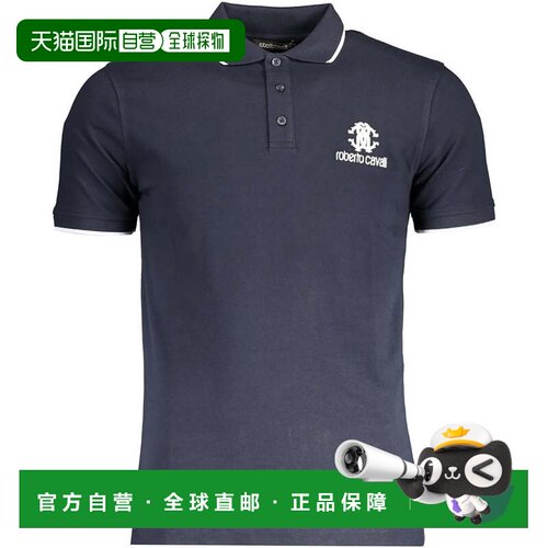 自营Roberto Cavalli 男式白色徽标蓝色短袖棉质 Polo T 恤 - 蓝