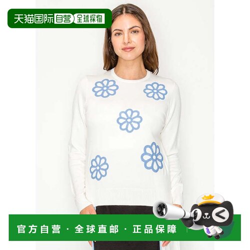 自营yal new yorkWhite Knit Sweater with Blue Flowers - white