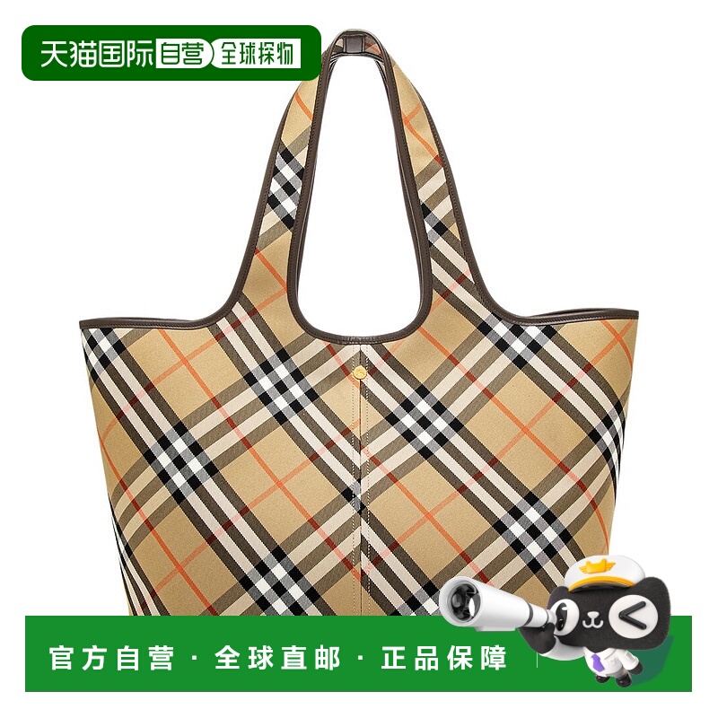 自营 Burberry Check中号皮革装饰手提包-棕色 美国奥莱直发