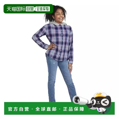 自营Girls Levi's Flannel Shirt Purple Plaid Hooded Long Slee