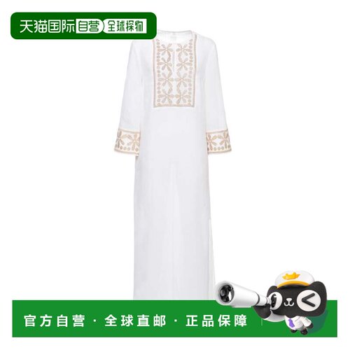 自营120% lino亚麻中长款连衣裙，金色花朵Lurex刺绣-白色 美国奥