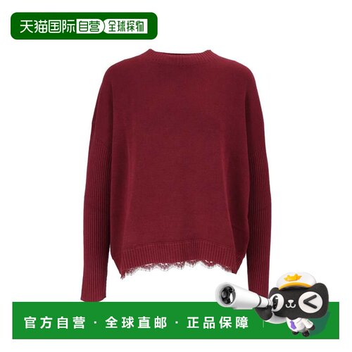 自营ermanno scervino酒红色蕾丝边饰四方形毛衣-红色 美国奥莱直