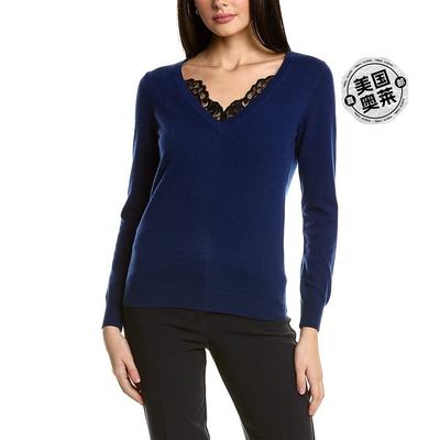 sofiacashmere Lace Trim Cashmere Sweater - blue 【美国奥莱】