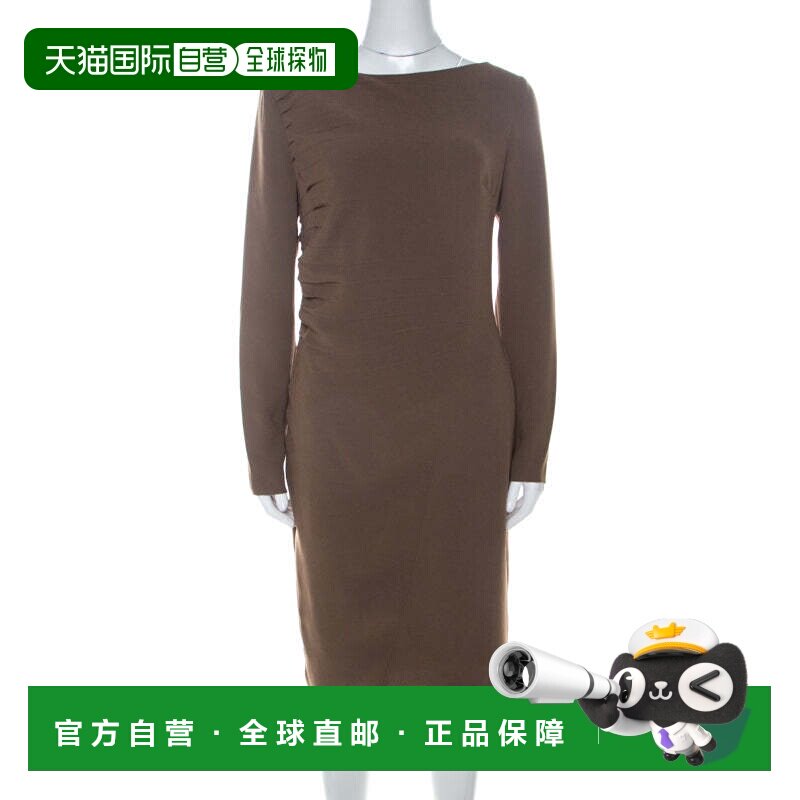 自营Escada Olive Green Crepe Side Pleated Long Sleeve Shift