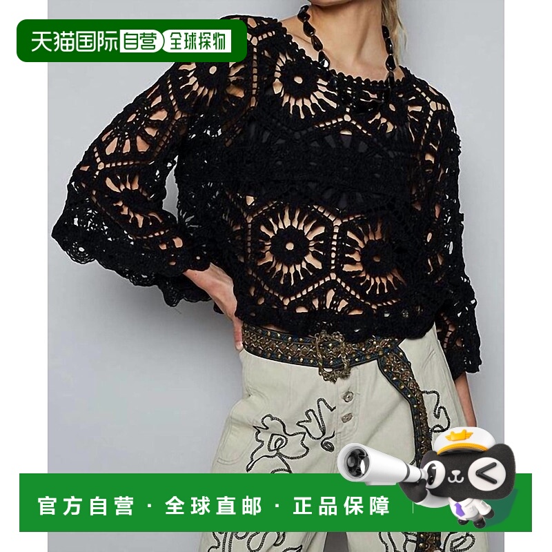 自营polCrochet 3/4 Sleeve One Size Top In Black - black 美国