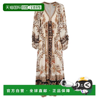 自营farm rio米色雄伟的花园沙v领粘胶长裙-棕色 美国奥莱直发