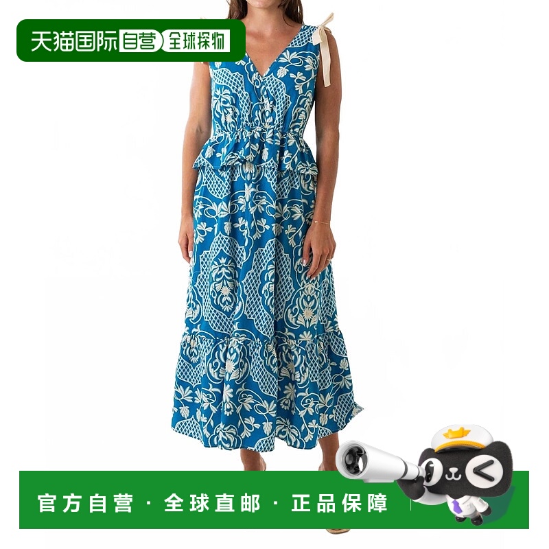 自营moon riverRuffle Waist Tie Strap Midi Dress In Blue Mult