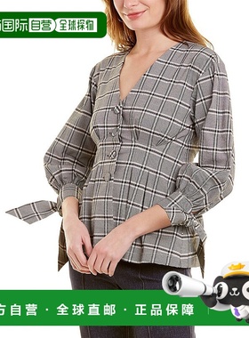 自营 Pearl by Lela Rose Seersucker Plaid Top black 美国奥莱