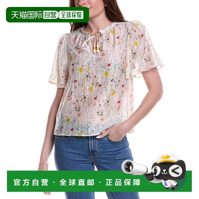 自营vince camutoVince camut0领带-前公主袖亚麻混纺女式衬衫-白
