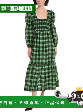 自营GANNI Seersucker Smocked Maxi Dress - green 美国奥莱直发