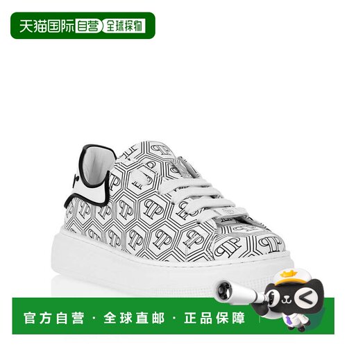 自营philipp pleinLeather Lo-Top Sneakers Monogram - white/bl