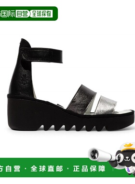 自营 Fly London女式BONO290FLY银黑Idra皮革凉鞋Espadrile坡跟鞋