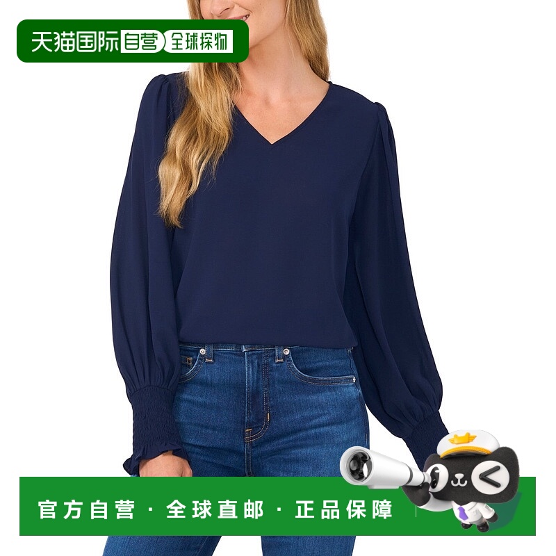 自营 Cece Top女式蓝色烟熏泡泡袖V领衬衫Preppy Modest ERK1313-