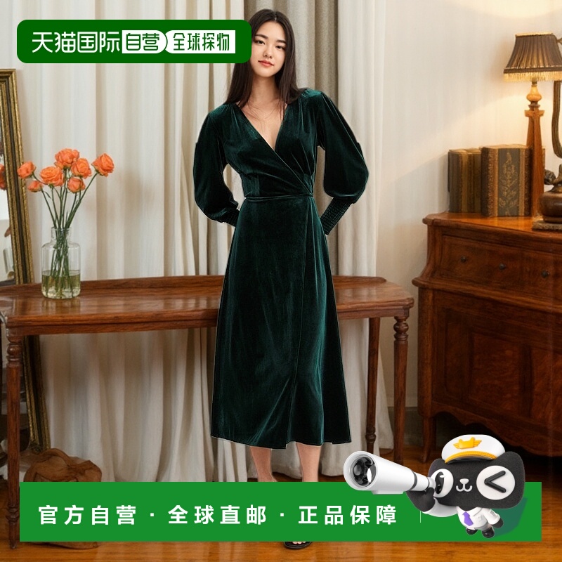 自营belle & bloomCurrent Mood丝绒裹身连衣裙-深绿色 美国奥莱