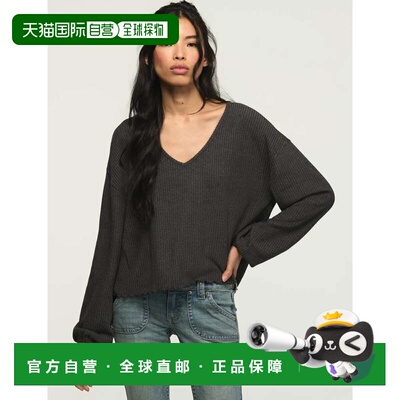 自营lucky brand幸运品牌女云生菜下摆v领上衣-深蓝色 美国奥莱直