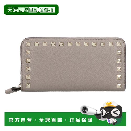 自营valentinoRockstud Grey Leather Wallet - grey 美国奥莱直