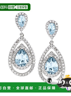 自营 925 纯银 Ross-Simons 海蓝宝石和白色托帕石梨形吊式耳环 -