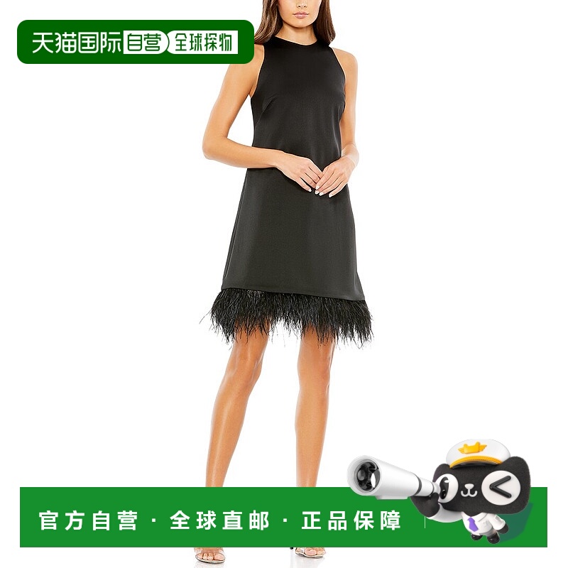 自营Mac Duggal羽毛鸡尾酒会连衣裙-黑色 美国奥莱直发