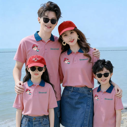 亲子装一家三口四口夏季童装polo衫高端短袖t恤母子母女海边度假