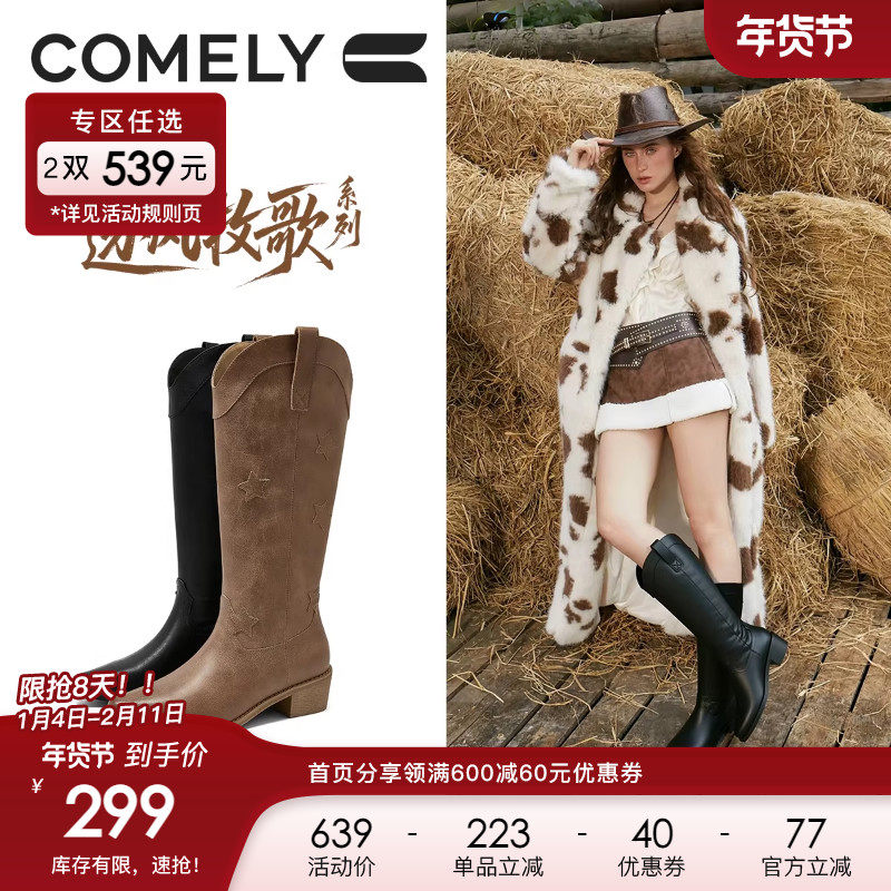 康莉V口复古长筒靴2025年冬季新款粗跟尖头显瘦西部牛仔靴骑士靴,女鞋,西部靴,淘宝优惠券,粉丝福利购,淘宝优惠卷