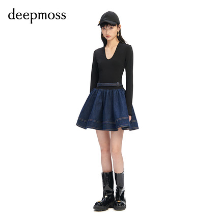 【deepmoss】春夏时尚复古潮流拼接牛仔芭蕾舞裙A字裙女连衣裙