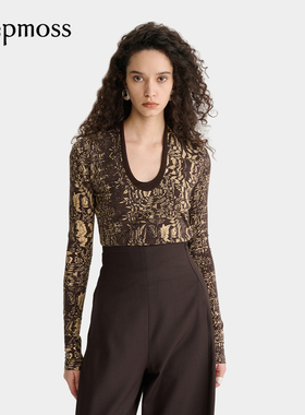 【deepmoss】2025秋冬新款女士水中倒影印花U形立领上衣打底