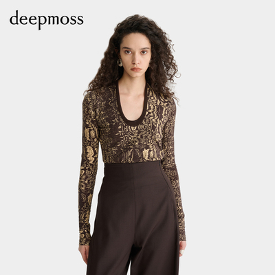 【deepmoss】2025秋冬新款女士设计感水中倒影印花U形立领上衣