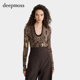 deepmoss 2025秋冬女士水中倒影印花U形立领上衣打底