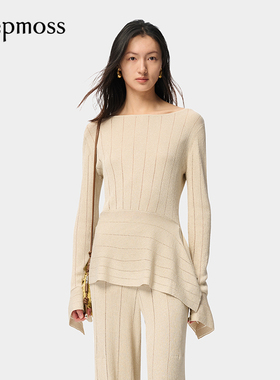 【deepmoss】优雅气质女装闪葱拼接下摆针织衫打底上衣裤子套装