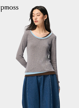 【deepmoss】优雅复古潮流女装休闲针织不规则拼色圆领打底衫上衣