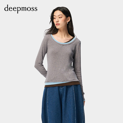 deepmoss针织不规则拼色圆领上衣