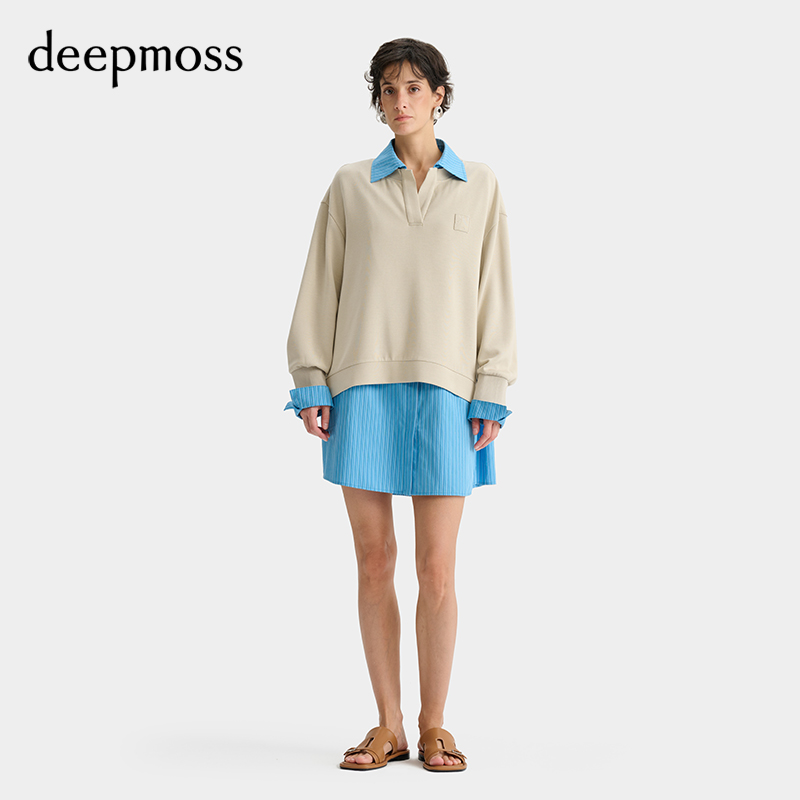 【deepmoss】2025新款潮流女装时尚气质衬衫条纹拼接连衣裙