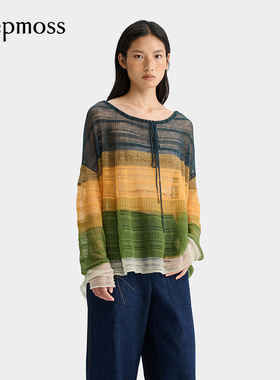 【deepmoss】2025新款女装上衣黄绿色水溶羊毛条纹抽绳罩衫
