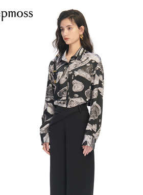 【SALE】【deepmoss】女士时尚蔓延海螺化石印花长袖衬衫上衣