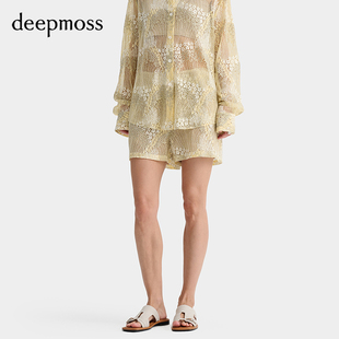 【deepmoss】设计感女装时尚百搭嫩黄碎花蕾丝短裤