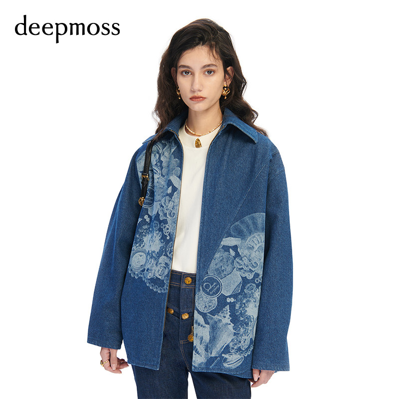 【SALE】【deepmoss】女士时尚深海宝藏镭射牛仔拼接外套上衣