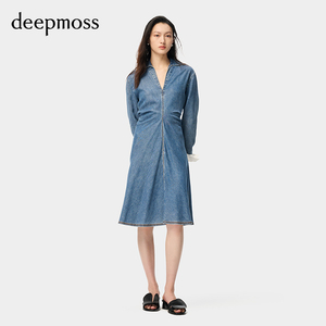 【deepmoss】优雅复古潮流女装时尚休闲气质褶裥收腰长袖连衣裙
