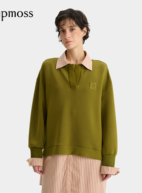 【deepmoss】2025新款女士橙绿色衬衫条纹拼接空气棉连衣裙