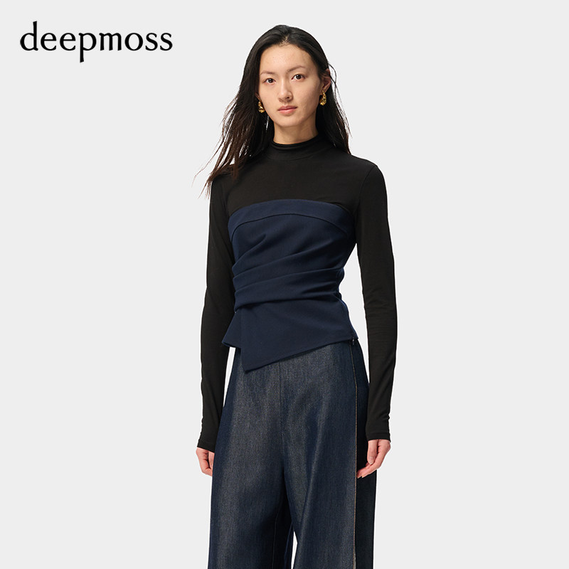【SALE】【deepmoss】潮流女士时尚休闲气质弹力束腰拼接打底衫