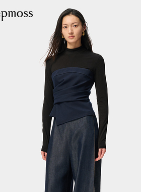 【SALE】【deepmoss】潮流女士时尚休闲气质弹力束腰拼接打底衫