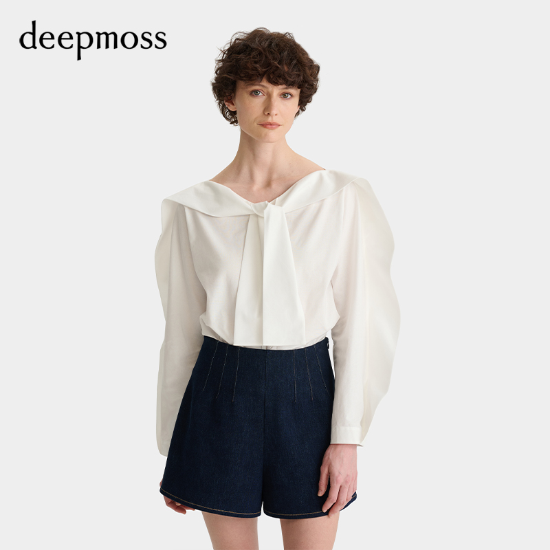 【deepmoss】【明星同款】2025秋冬新款女士平领连袖飘带长袖上衣