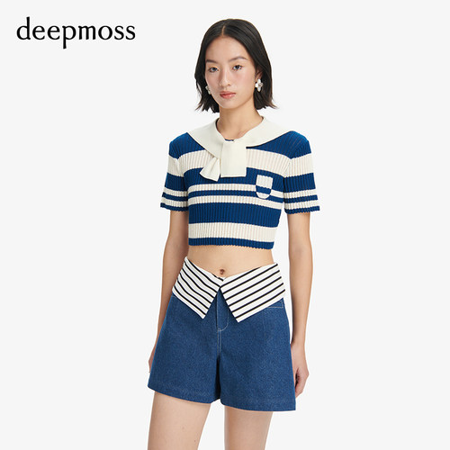 deepmoss条纹海军领短上衣