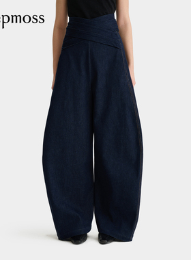 【deepmoss】2025秋冬新款女士设计感交叠腰封弹力牛仔香蕉裤长裤