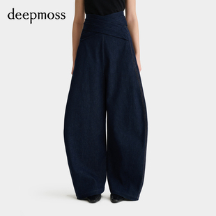 【deepmoss】2025秋冬女士设计感交叠腰封弹力牛仔香蕉裤长裤