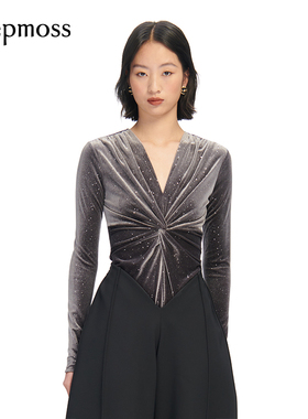 【deepmoss】女装时尚复古潮流星河亮钻扭褶丝绒连体上衣打底
