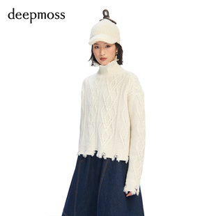 deepmoss 冬季 女装 毛边毛衣 复古潮流时尚 高领粗花羊毛套头衫